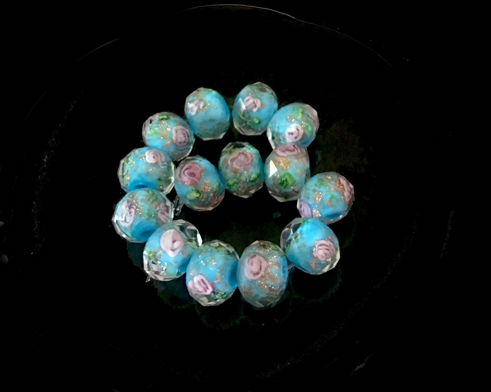 14 Czech Glass Faceted Rondelle Beads – Turquois Blue Encased Rose Flower 10x7mm