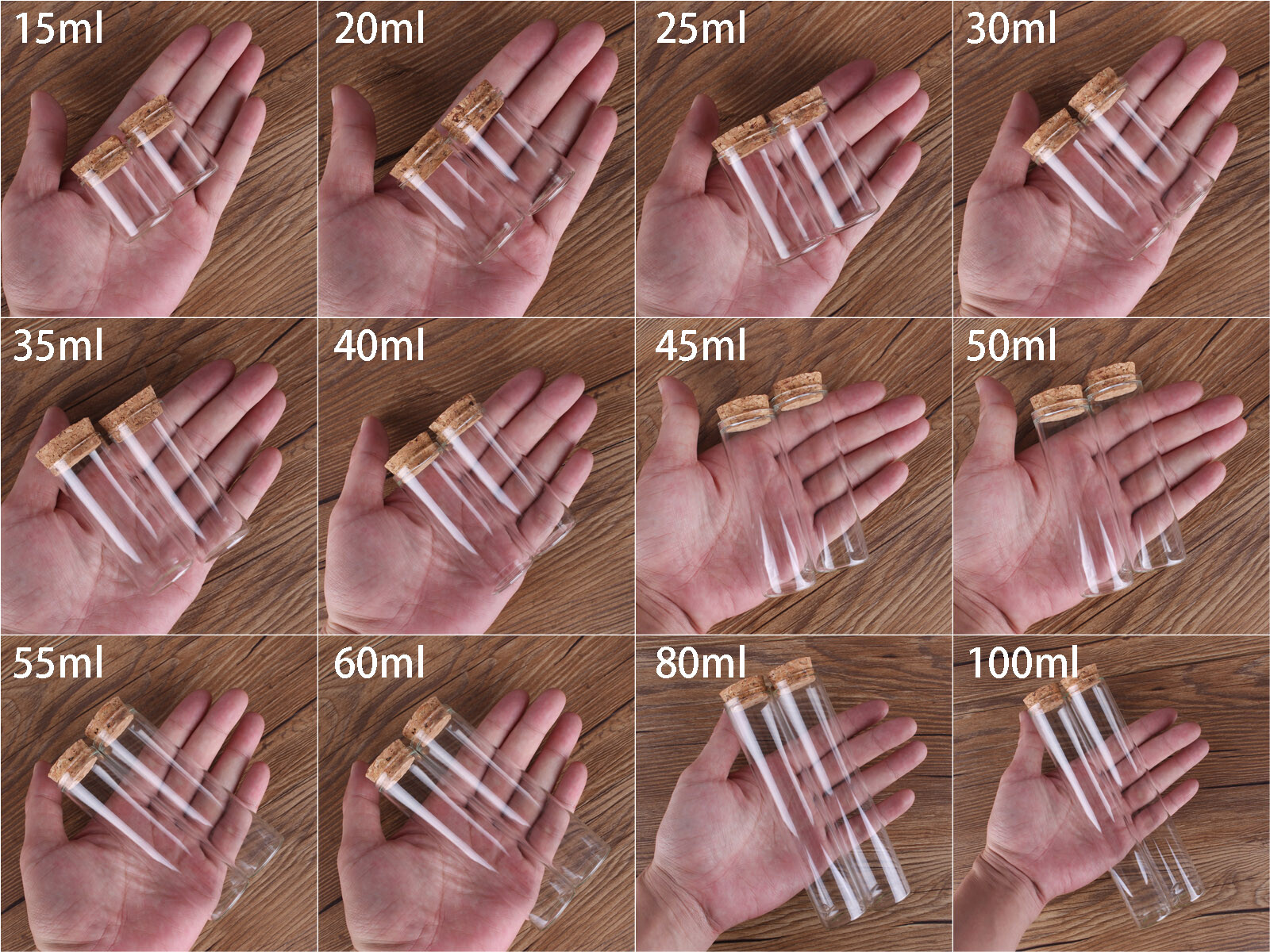 15ml-100ml Small Glass Test Tube with Cork Stopper Bottles Jars Vials 24 pieces