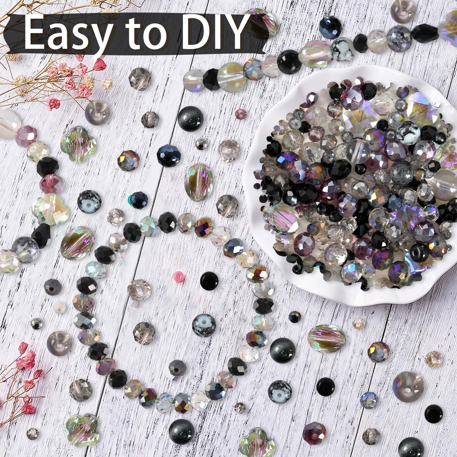 636pcs Glass Beads for Jewelry Making – Black Craft Crystal Beads with Loose …