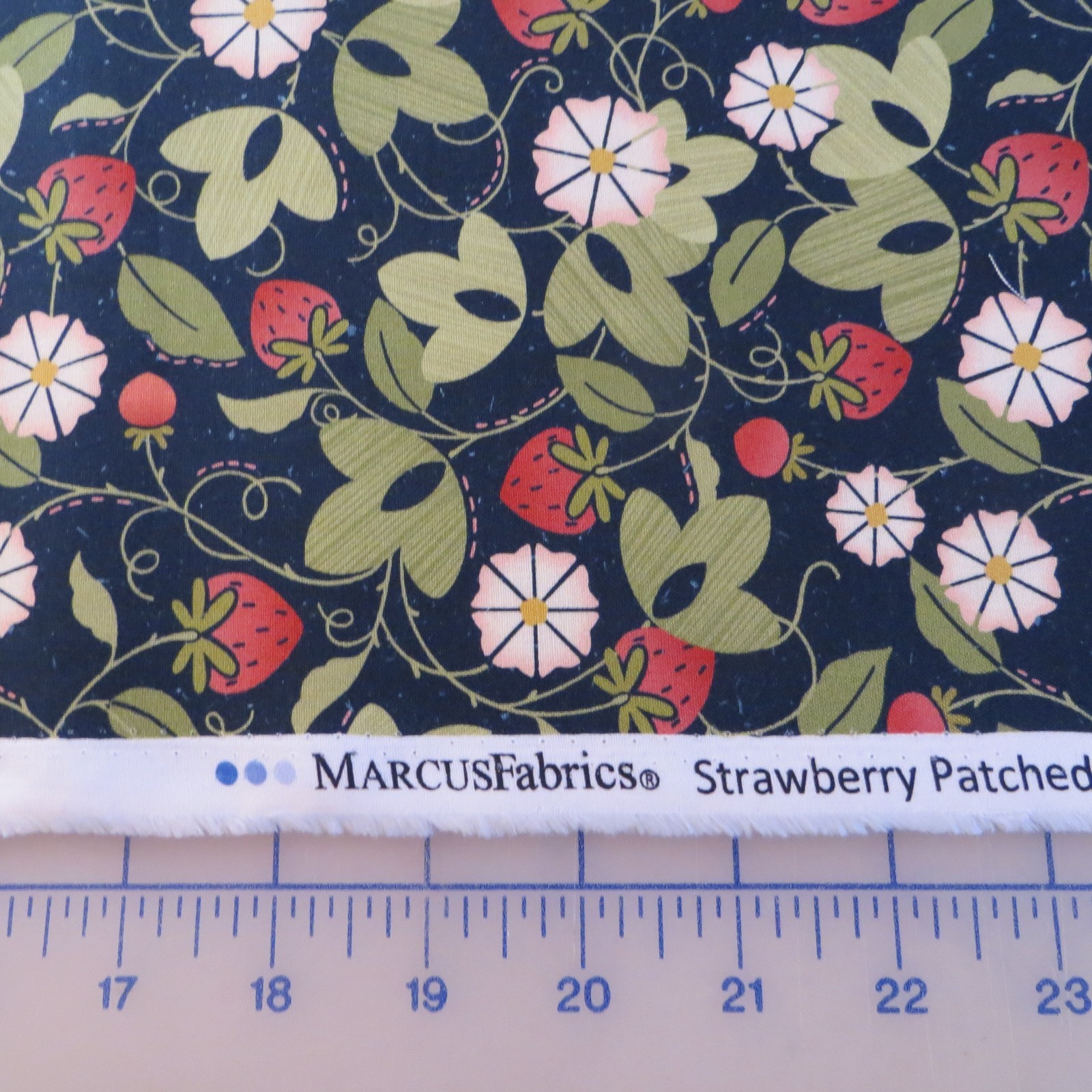 Yard ~ Strawberry Field On Navy Blue by Marcus $3.99 Ships ANY Amount Fabric