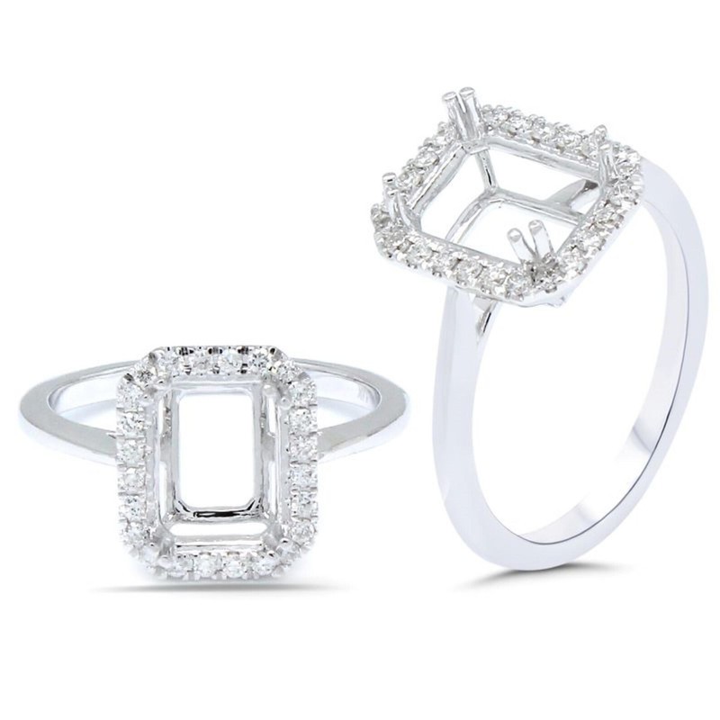 10x7mm Emerald Cut Semi Mount Ring 925 Sterling Silver Halo Engagement Ring
