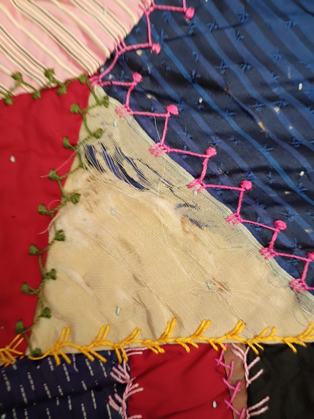 Crazy Quilt Throw Art Heirloom Fabric Abstract Embroidery Skillfully Made