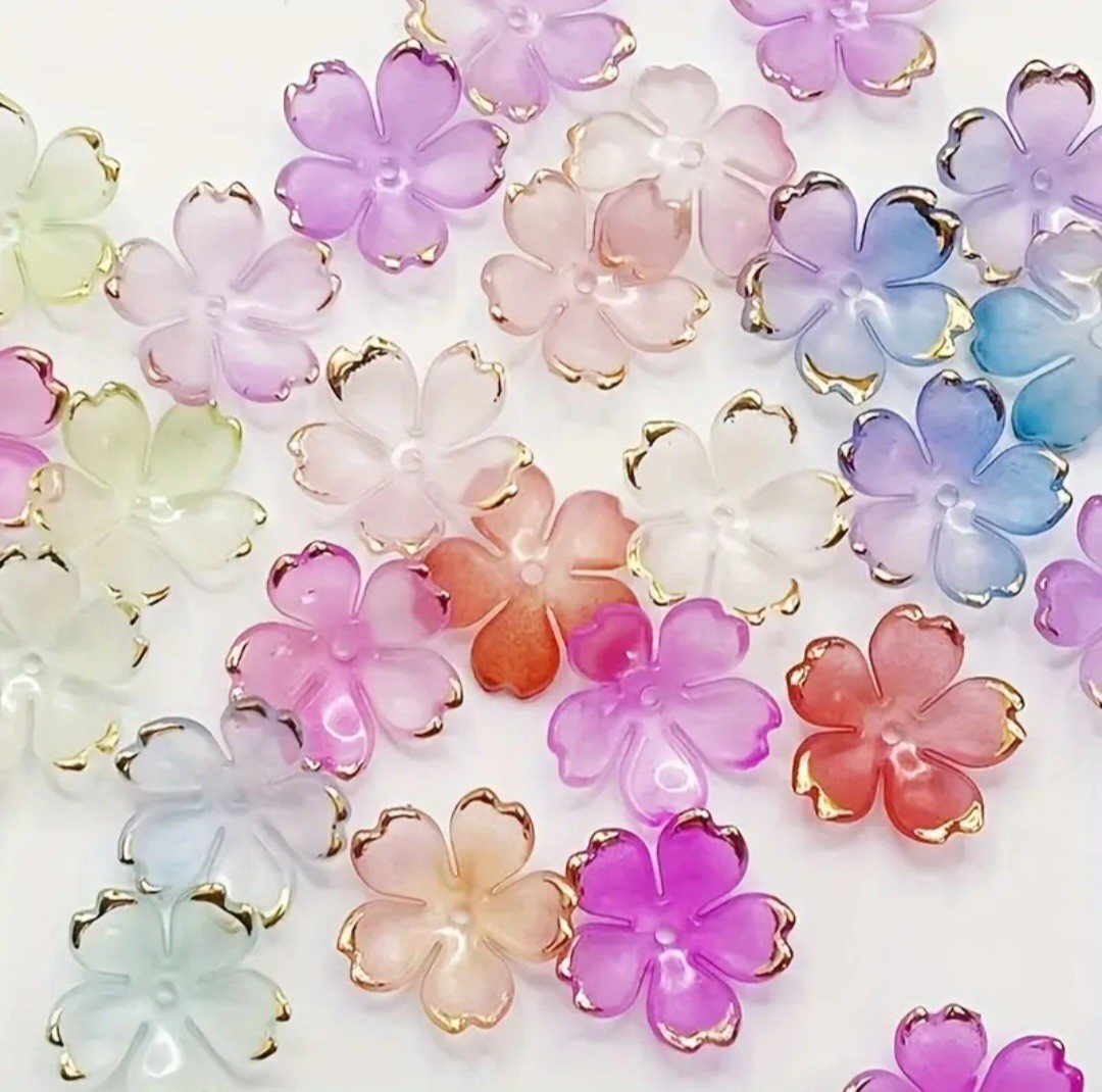 50 Blossom Beads For Jewelry Making Diy Flower End Caps Mixed Colors Gold Edges.