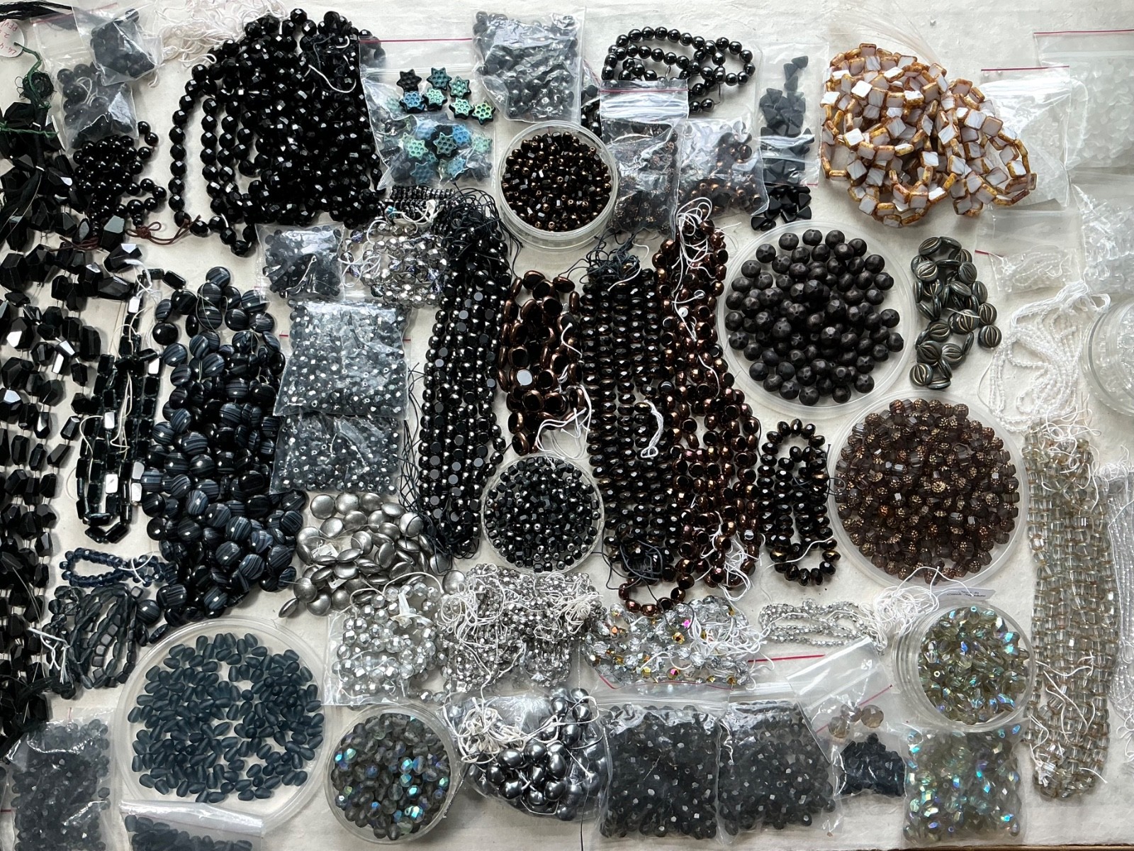 Czech Glass Bead Lot Black Silver Crystal Neutral Faceted Designer Strand Mix