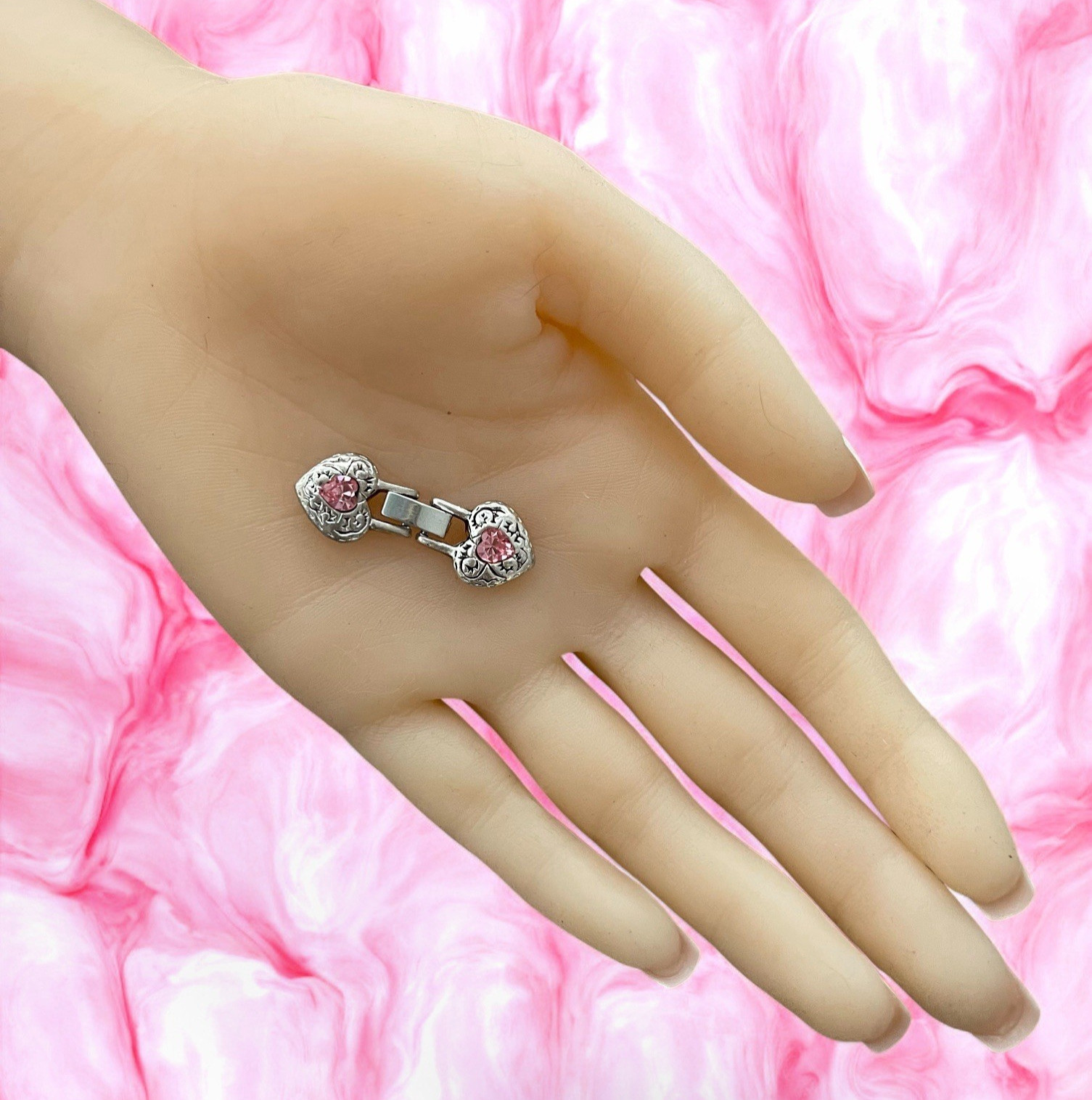 Light Rose Crystal Heart Multi-Strand Fold Over Clasp 3-Hole Snap Lock Findings