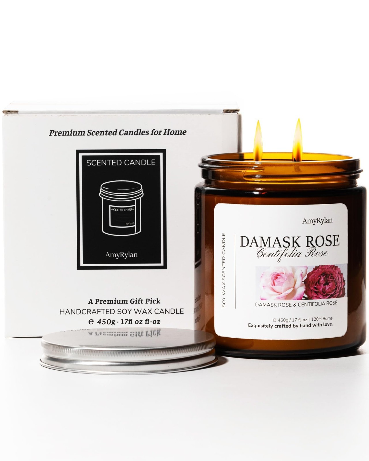 2 Wicks 17oz Large Non-Toxic Soy Wax Scented Candle, Damask Rose&Centifolia R…
