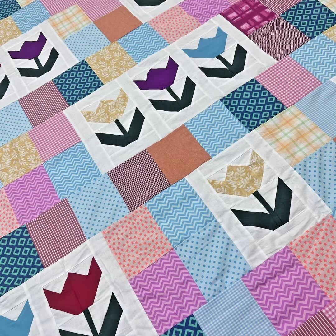 Handmade Tailored Tulips Cotton Fabric Queen Size Patchwork quilt top/topper