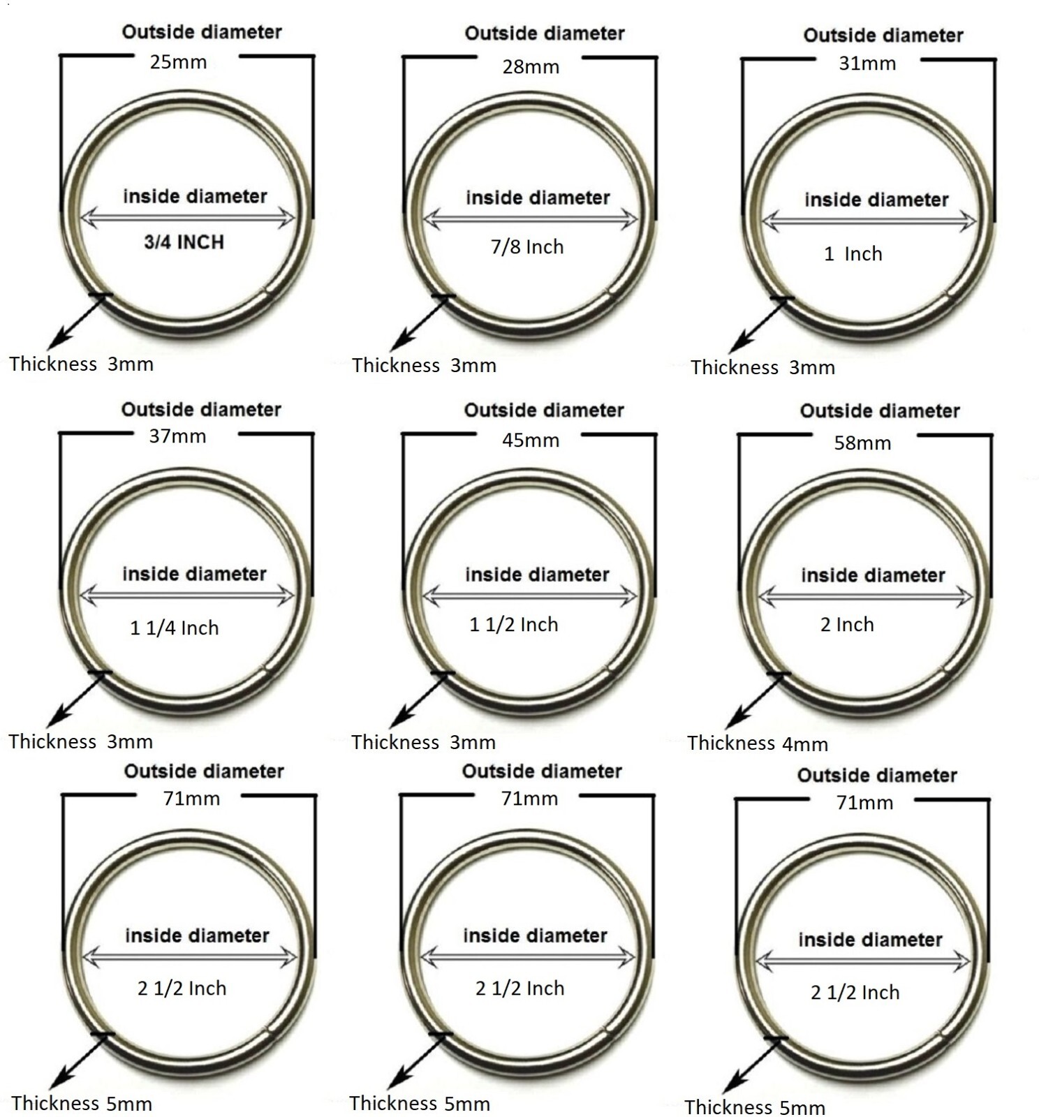 Lot 10 100 metal o-rings welded nickel plated 3/4 1″ 1-1/4 1-1/2 2″ 2-1/2″ Size