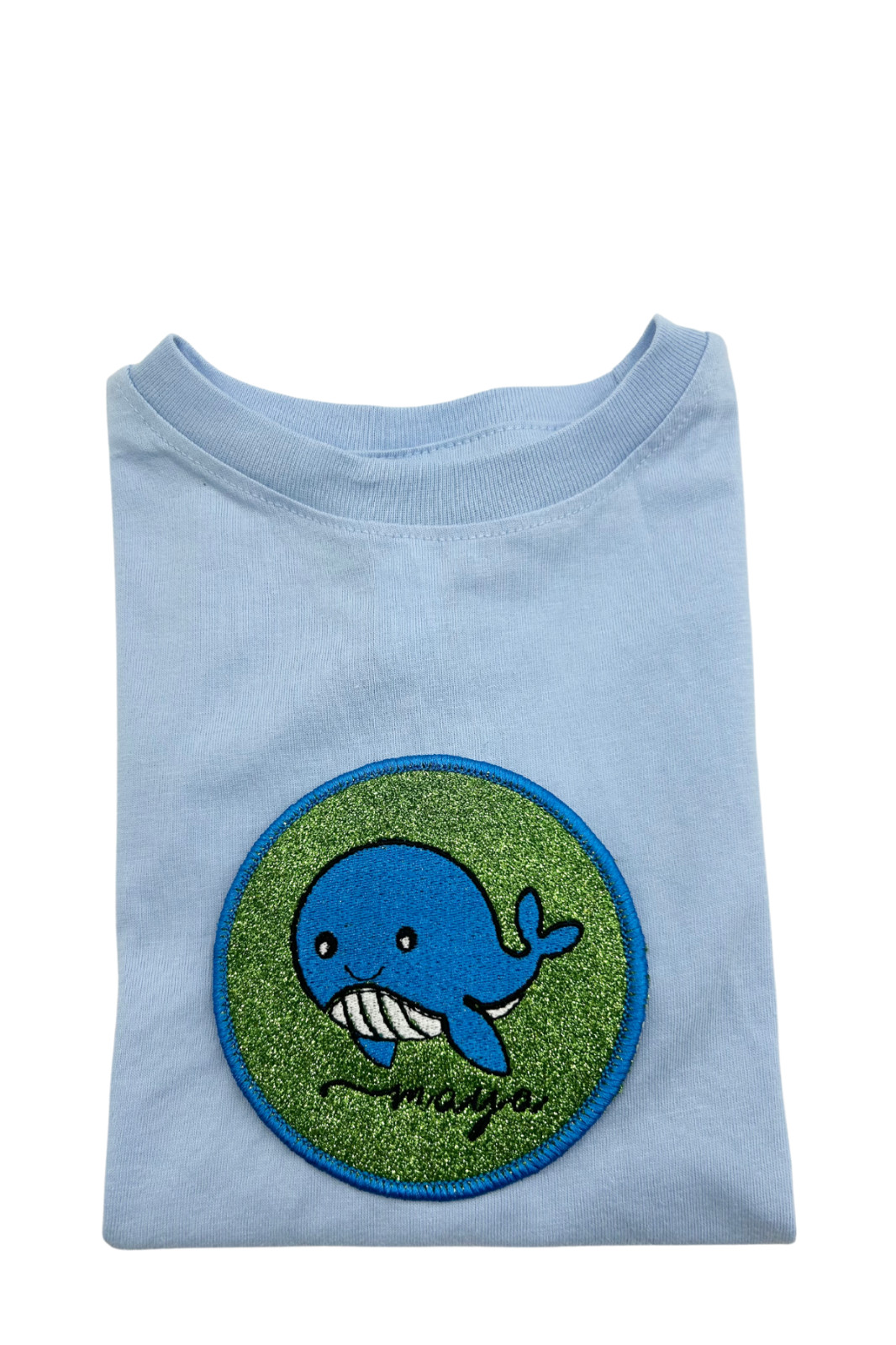 Custom Glittered and Felted Iron-on Baby Whale Name Tag Patch