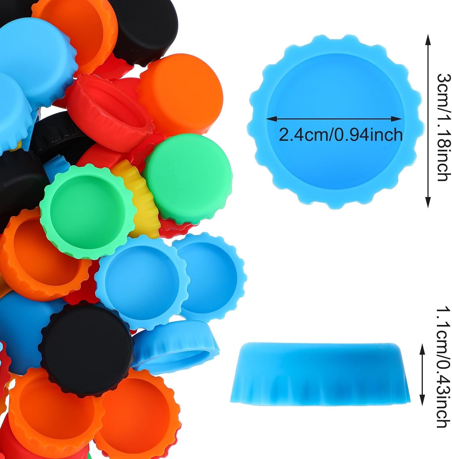 120 PCS Silicone Rubber Bottle Caps, Red, Orange, Yellow, Green, Black, Blue