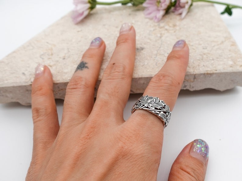 Vintage Floral Ring 925 Sterling Silver Adjustable Band for Women Gift