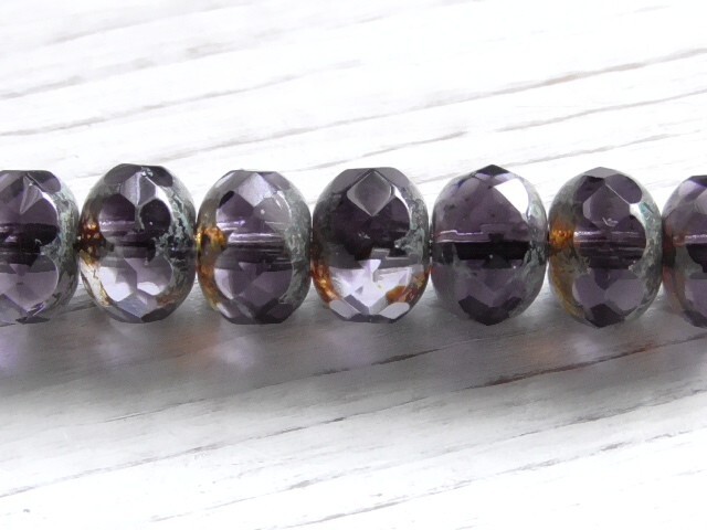 12 – 7x5mm CZECH GRAPE PURPLE & CLEAR PICASSO FACETED FP RONDELLE GLASS BEADS
