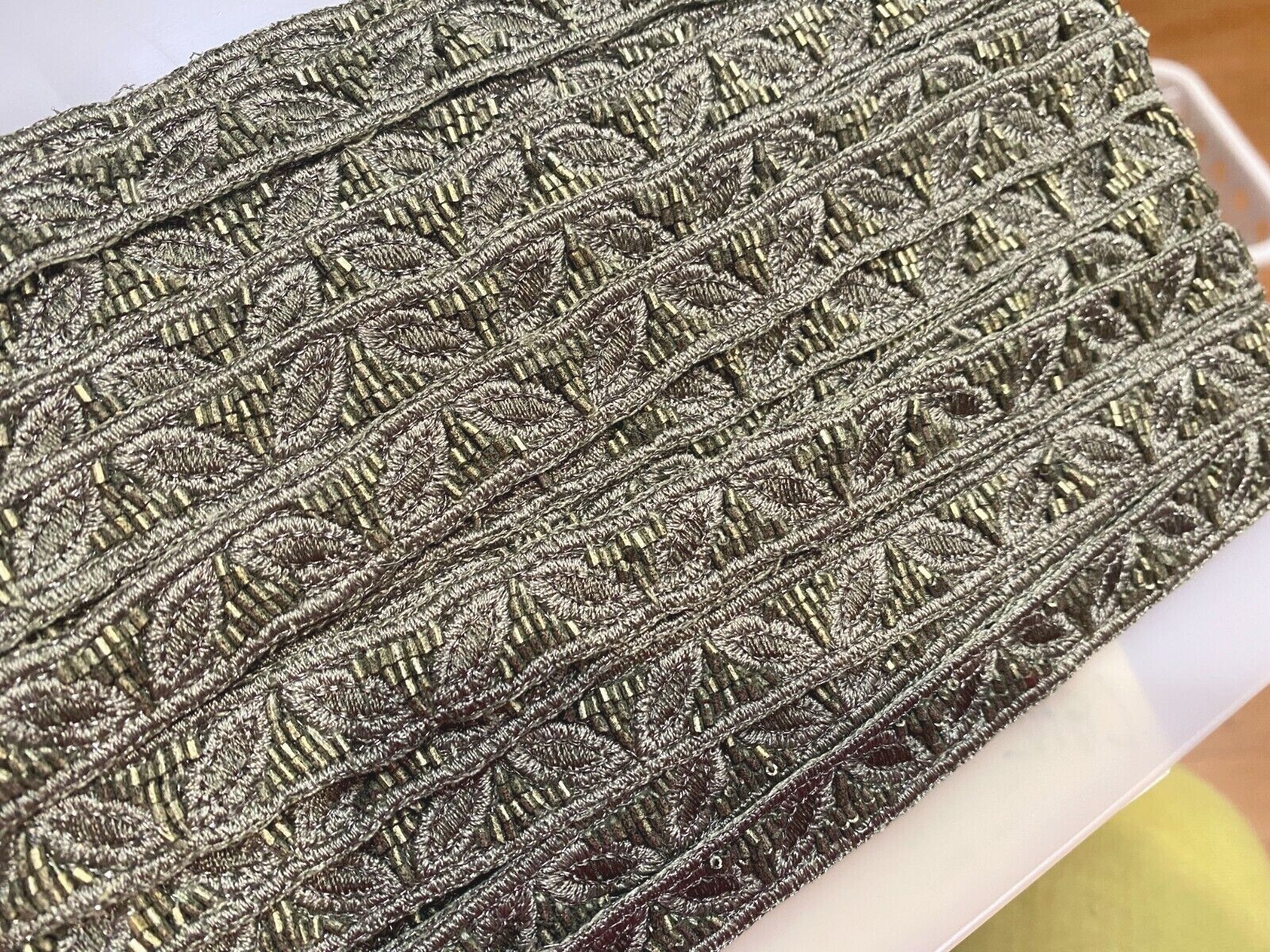 embroidered leaves glass beads trim 5/8″ hand sewn green tea 1yd