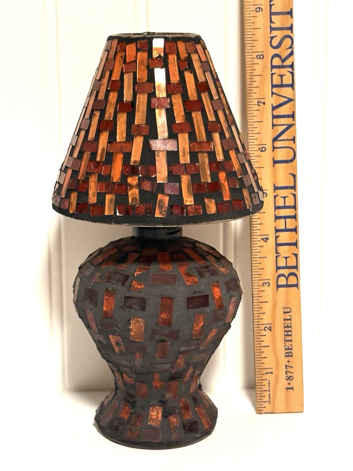Handcrafted Stained Glass Mosaic Lamp Tea Light Candle Holder Amber Glass 8.5”
