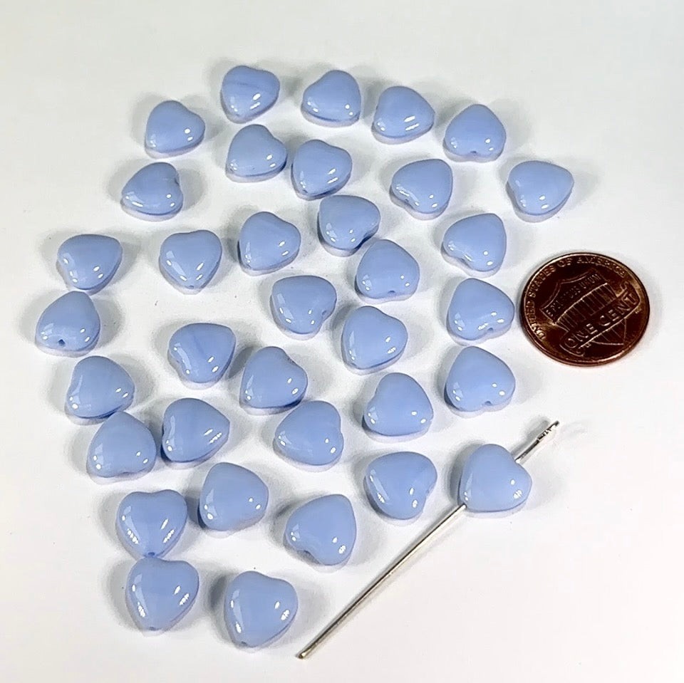Czech Glass Heart Beads 10mm Blue Silk, Pressed Beads, 36 pcs K004