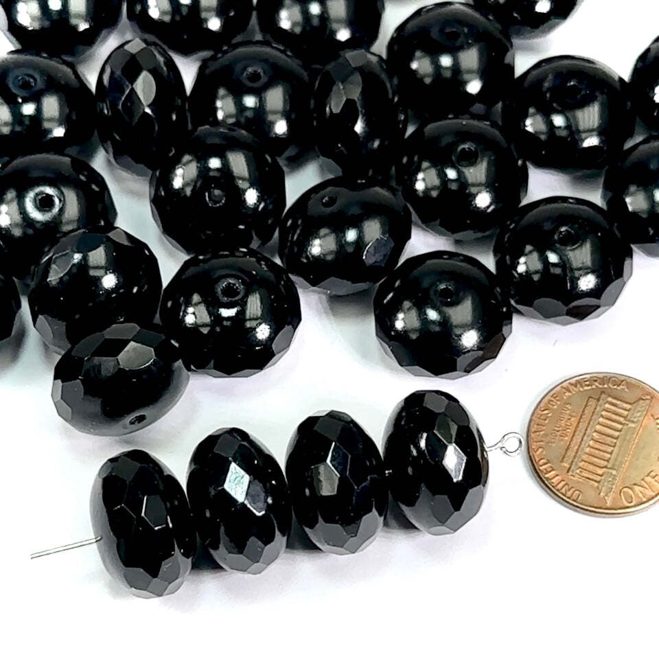Czech Faceted Glass Doughnut FP Rondelle Spacer Beads 17mm Jet black 6pcs J705