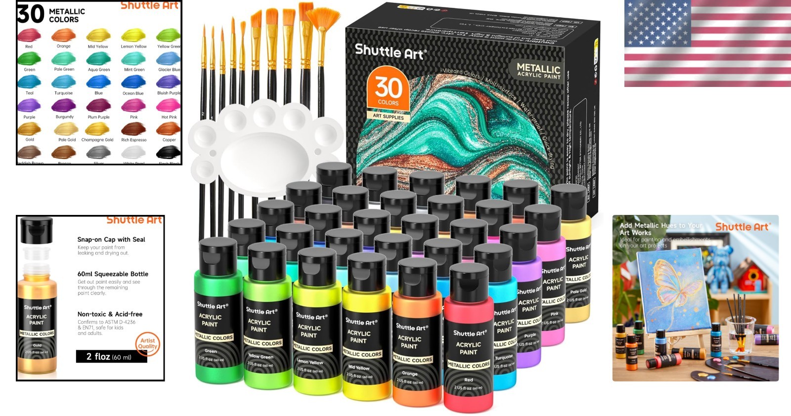 Versatile Metallic Acrylic Paint Set – 60ml Bottles, Includes Brushes & Palette