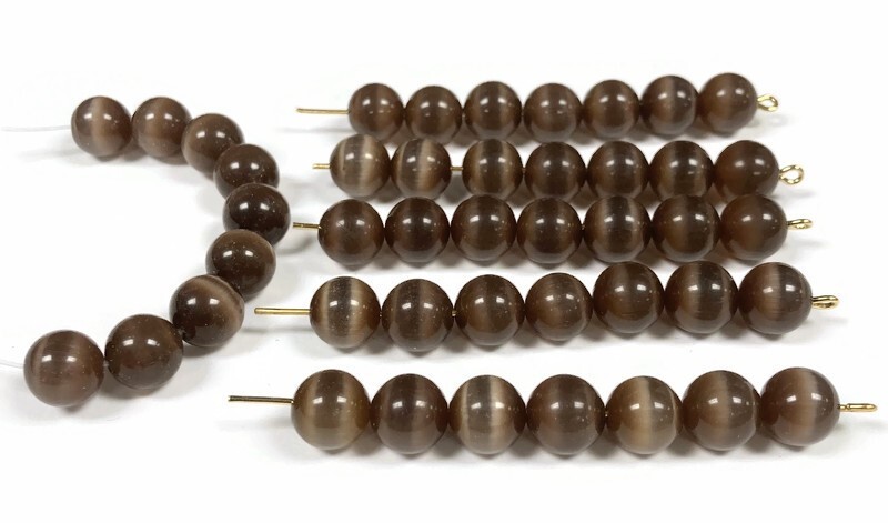 38 Cat’s Eye Fiber Optic Glass Chocolate 10mm. Smooth Round Beads 2609
