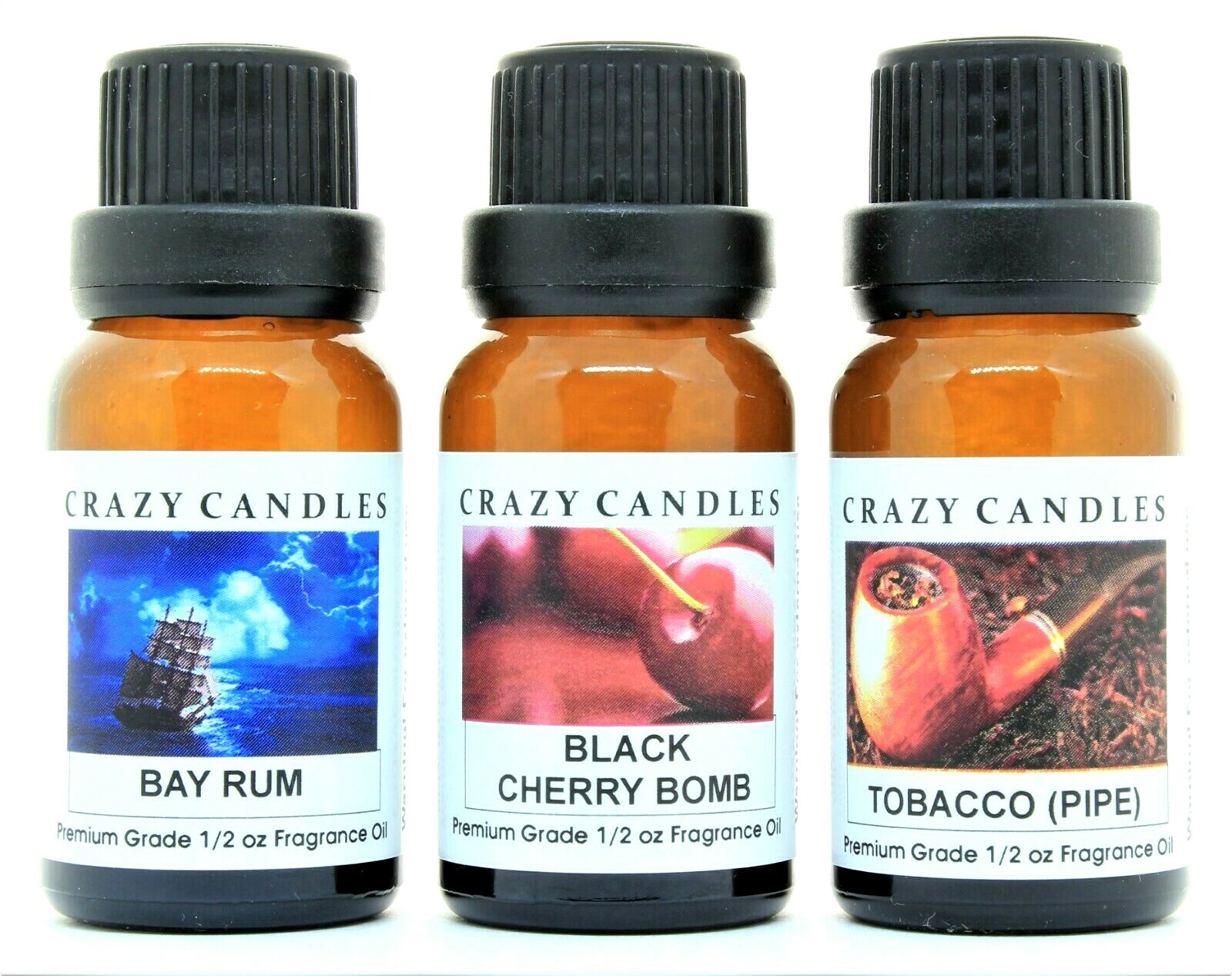 3 Oil Set Bay Rum, Black Cherry Bomb, Tobacco (Pipe) 1/2oz Bottle Crazy Candles