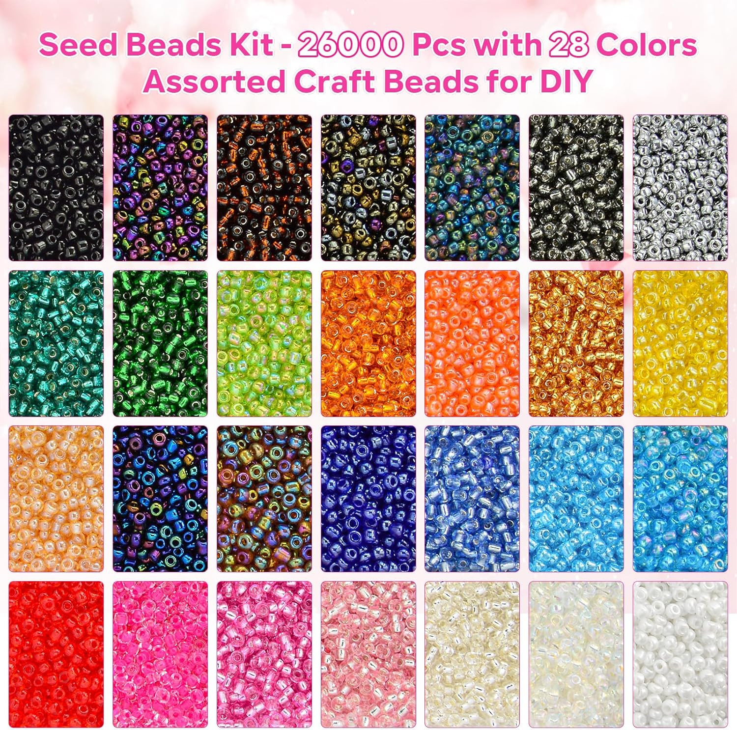 26000PCS 2Mm Glass Seed Beads Kit – 28 Assorted Colors Small Beads Set for Jewel