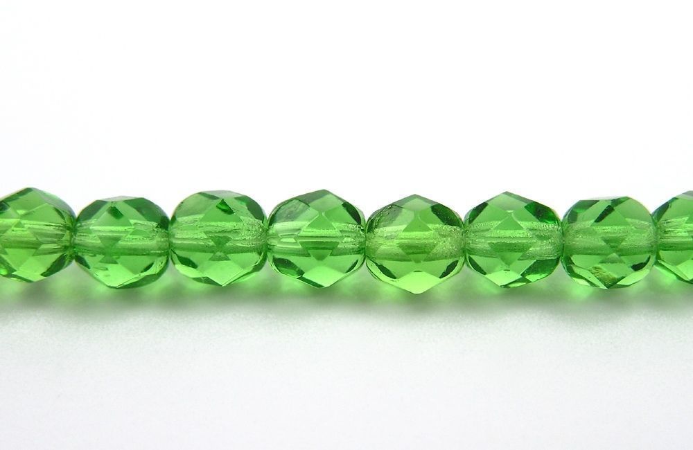 Czech Fire Polished Round Faceted Glass Beads in Peridot color, 16″ strand green