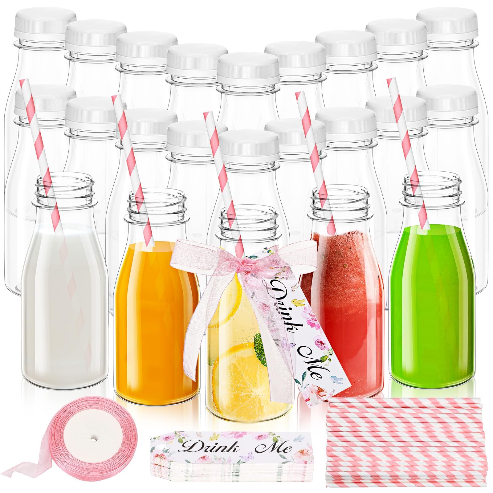 25 Set 8 oz Plastic Milk Bottles with Straws and Lids with Drink Me Tags and …