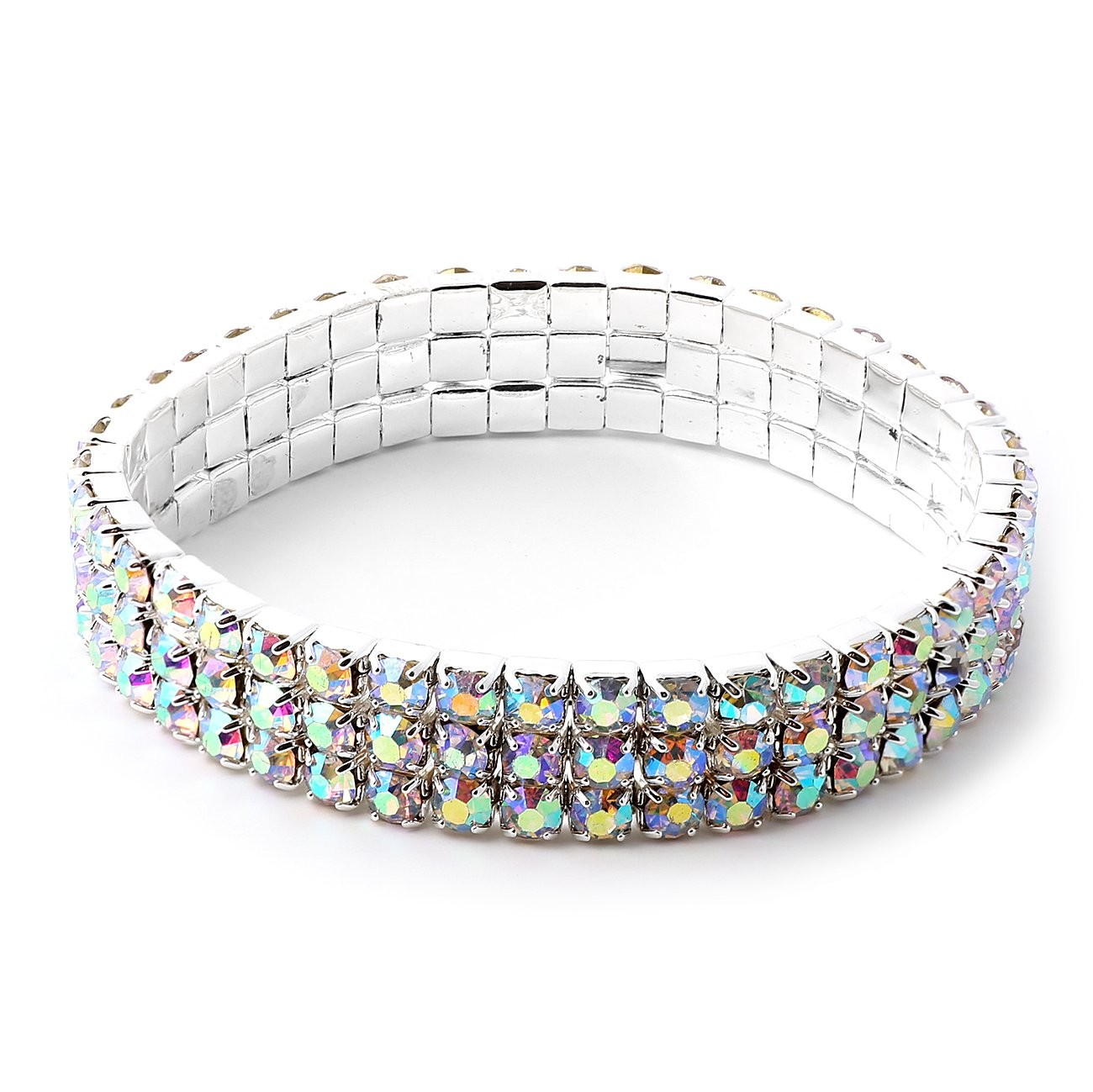 Silver Aurora Borealis Square Rhinestones 3 Strand Stretch Bracelet