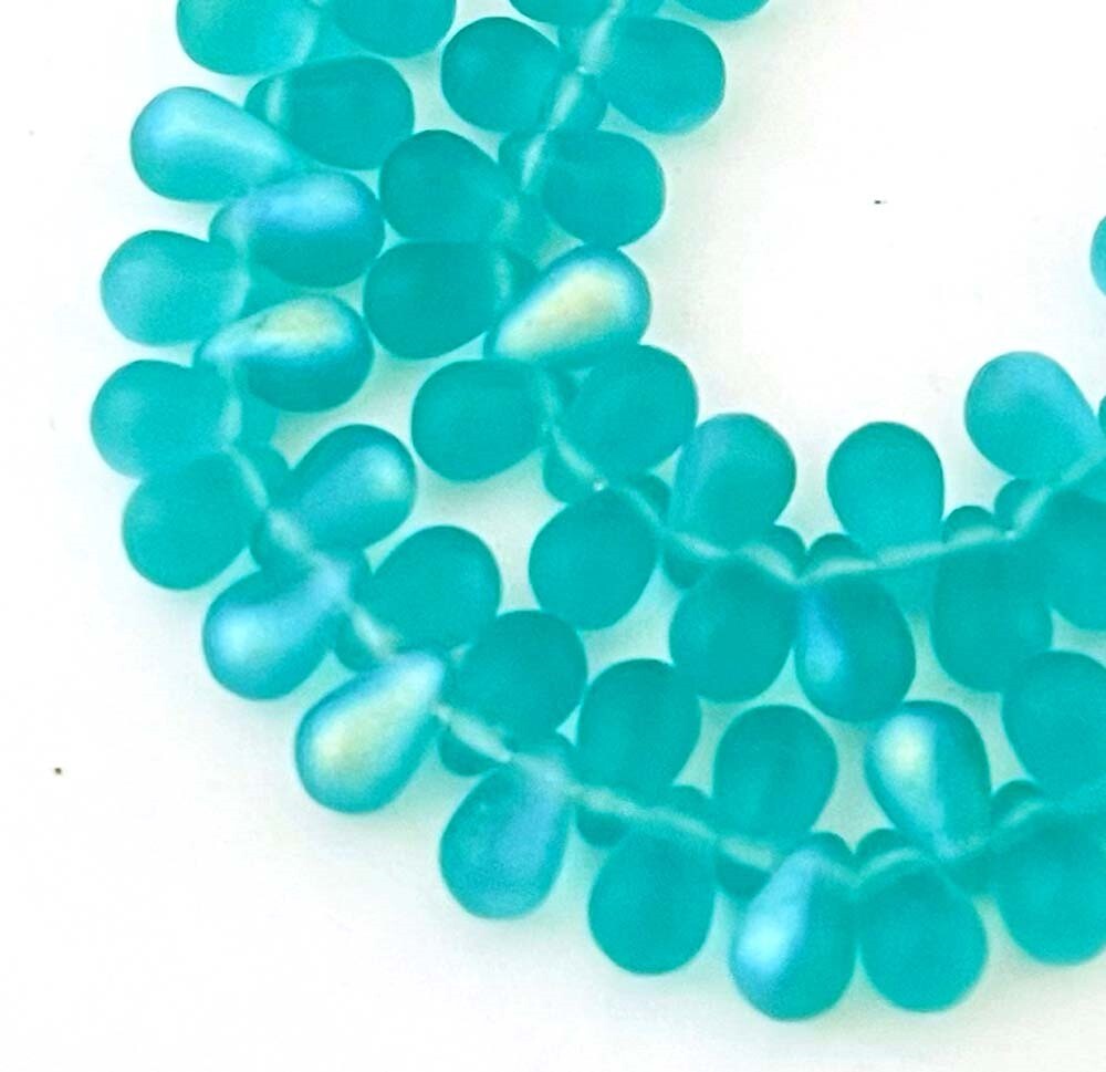 50 Czech Frosted Sea Glass Teardrop Beads -Matte – Teal AB moonstone
