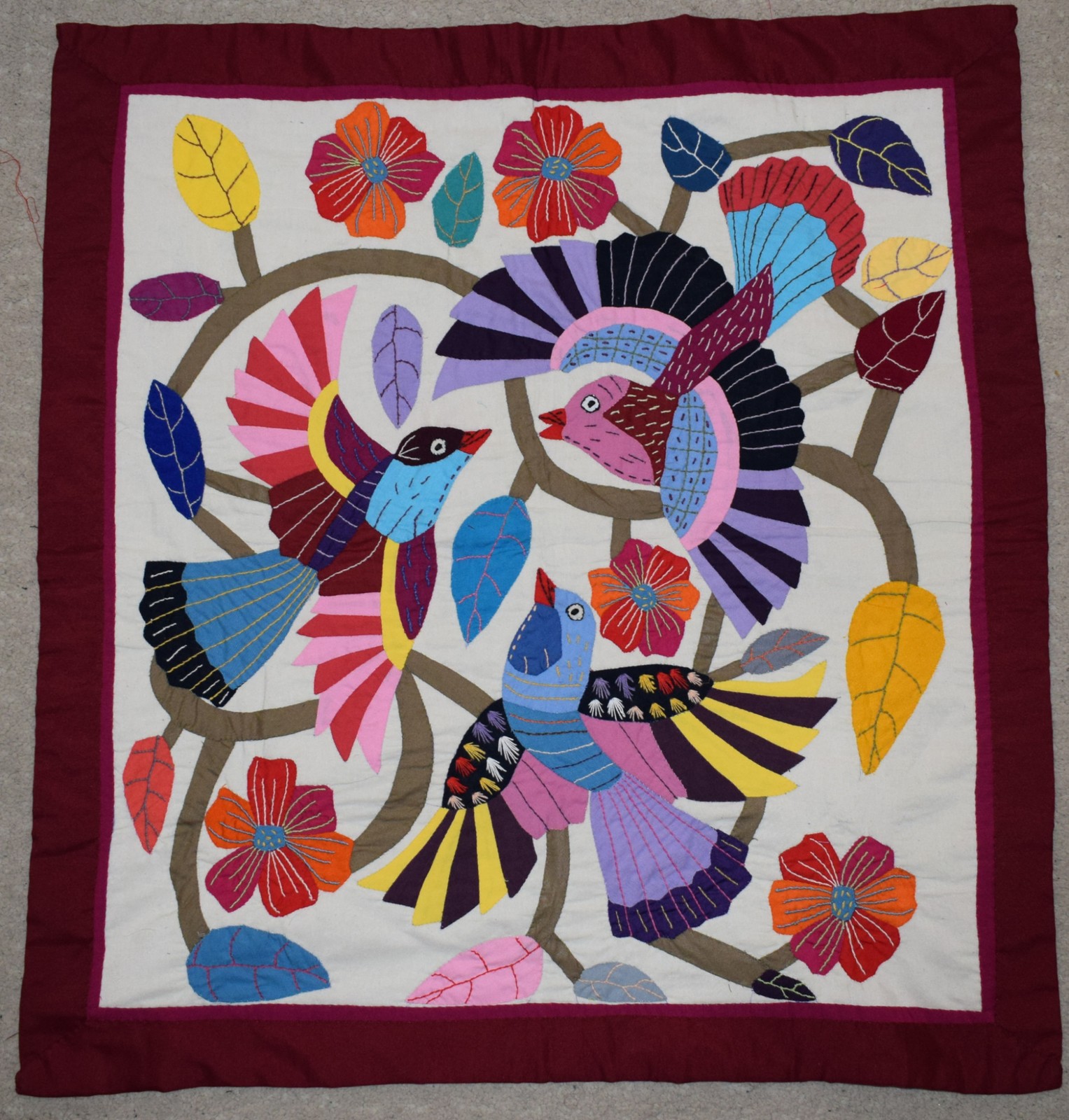 Egyptian Khayamiya Patchwork Wall Hanging Tapestry Maroon Peacock Floral