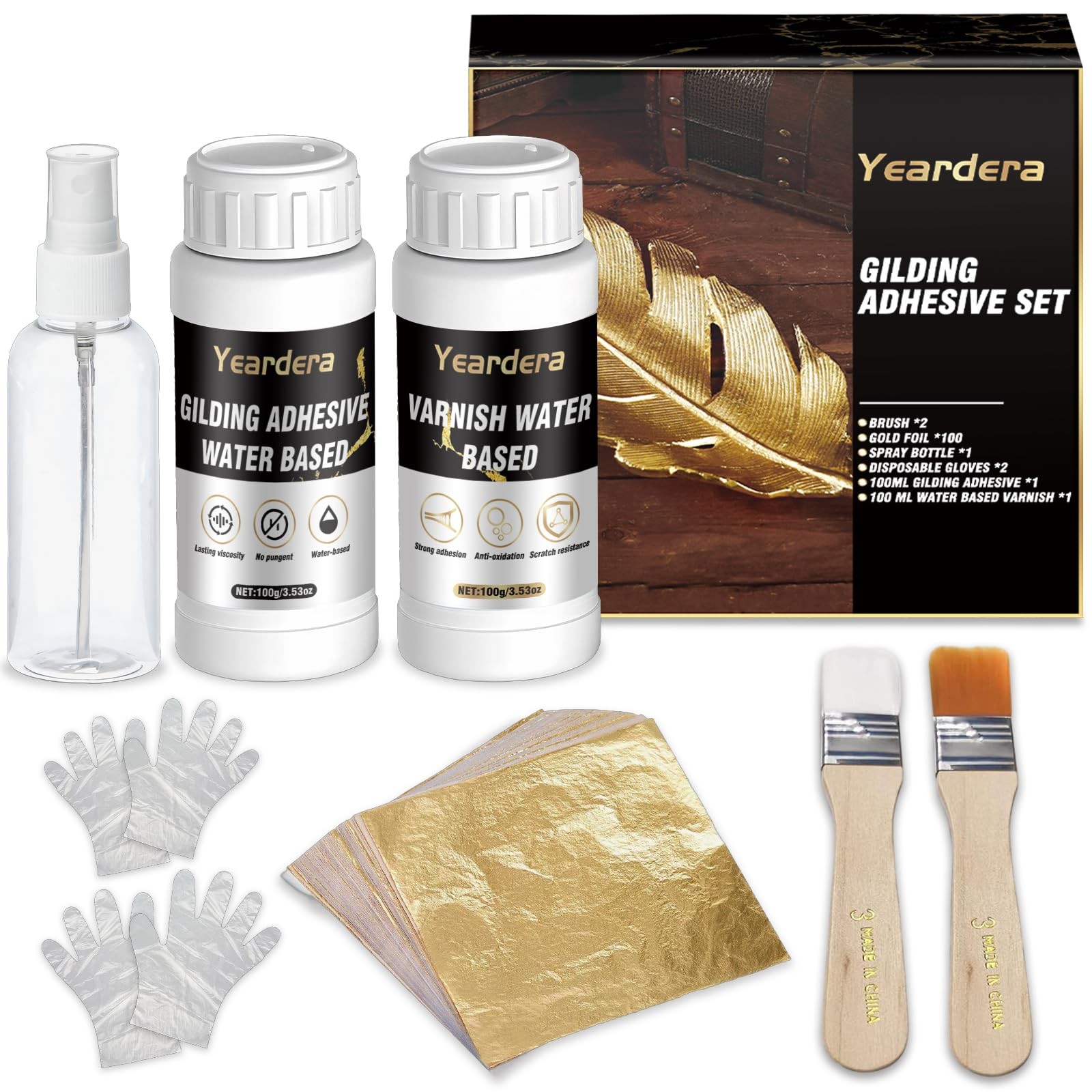 Gold Leaf Kit, 100Ml Gilding Adhesive and Varnish with 100 Gold Leaf Sheets for