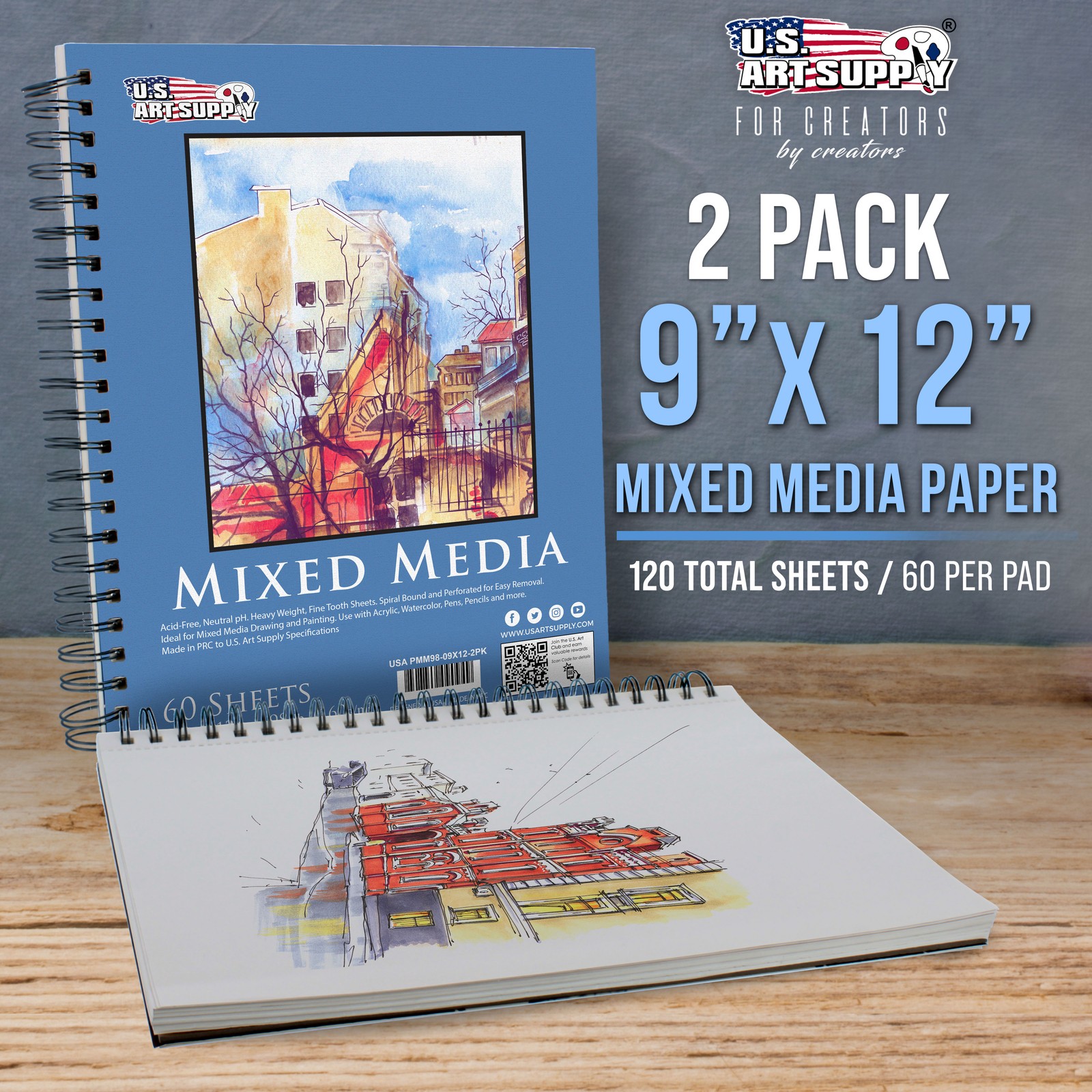 9″ x 12″ Mixed Media Paper Pad Sketchbook, 2 Pack, 60 Sheets 98 lb, Spiral-Bound