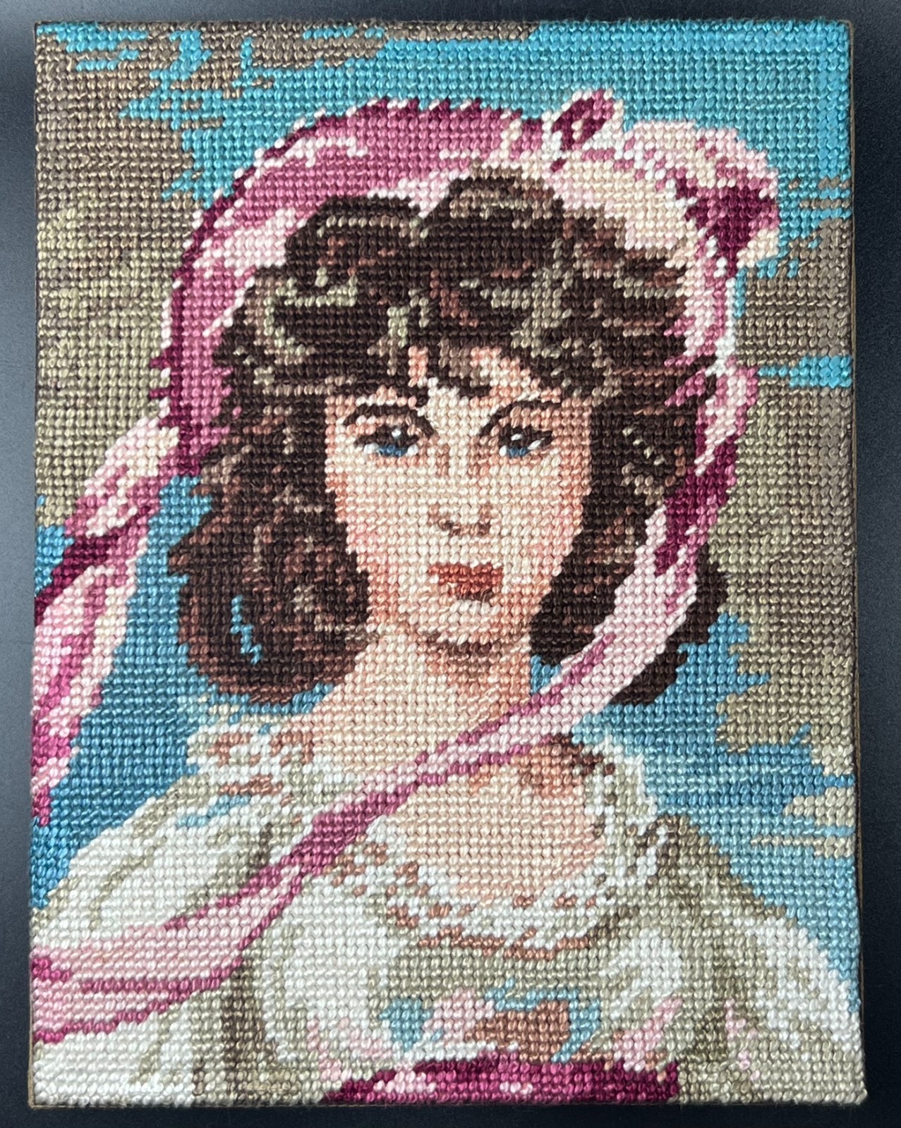 Completed limited needlepoint art portrait Pinkie Vienna Austria gallery wall