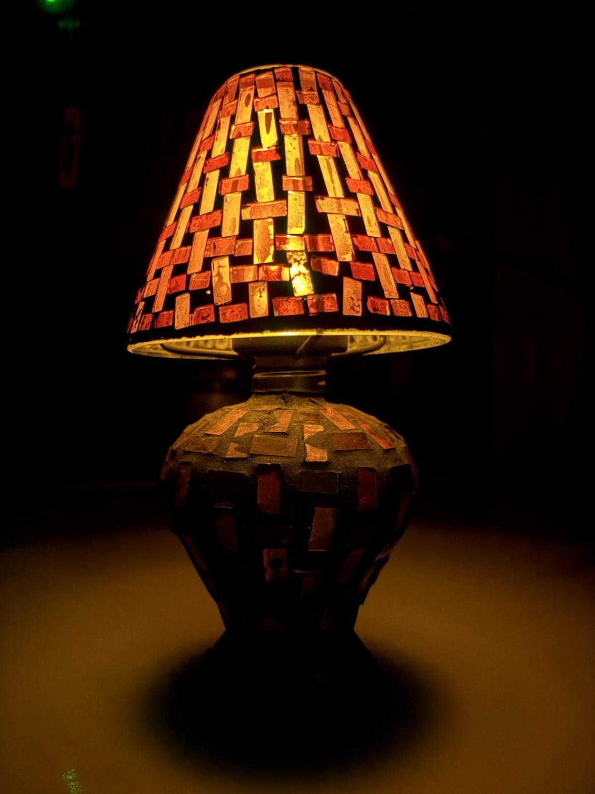 Handcrafted Stained Glass Mosaic Lamp Tea Light Candle Holder Amber Glass 8.5”