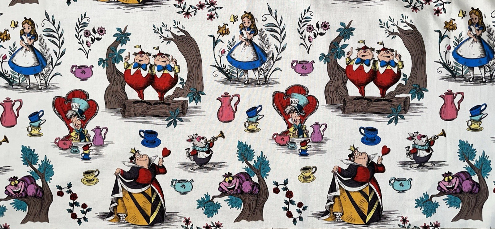 Alice Wonderland White Rabbit Queen/Hearts Mad Hatter Tea Pots Cat 1/3 Y Fabric