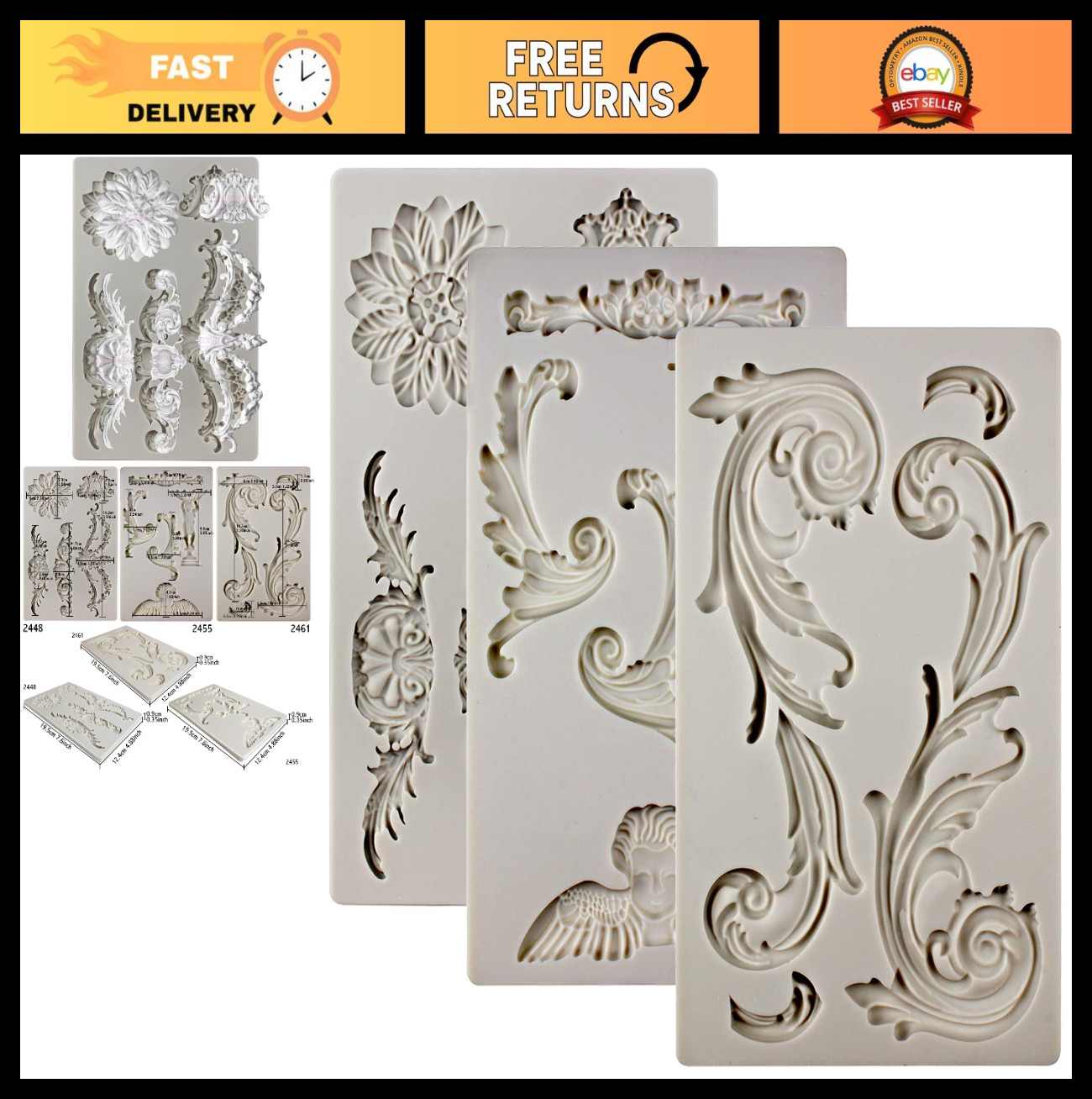 3-Count Silicone Molds – Baroque Curlicues, Cherub, Birdbath & Lace Designs