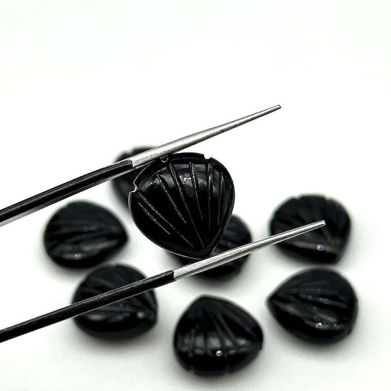 5Pcs Natural Black Onyx Carved Shell Shape Beads, 12 MM Beads, Carved Gemstone,