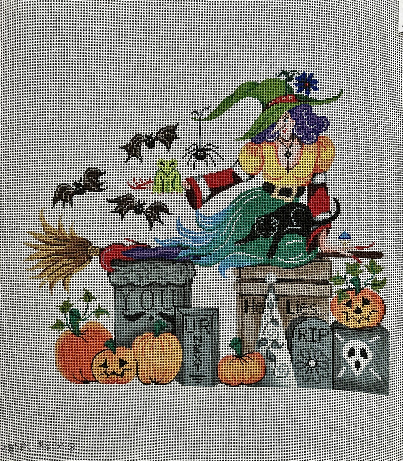 Patti Mann Halloween Needlepoint Canvas Witch In Graveyard 17”x18”