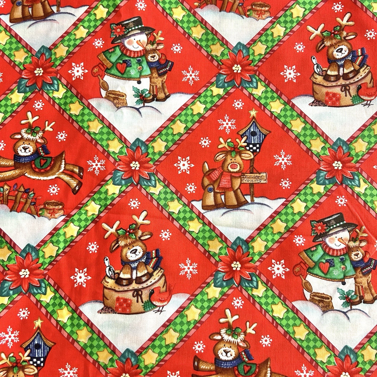 VTG Christmas Fabric Reindeer Cheer By Debra Jordan Bryan Snowman 44”x 7 Yards