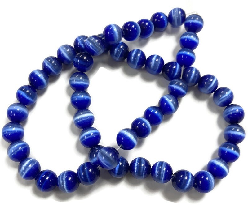 50 Cat’s Eye Fiber Optic Glass Sapphire 8mm. Smooth Round Beads 2580