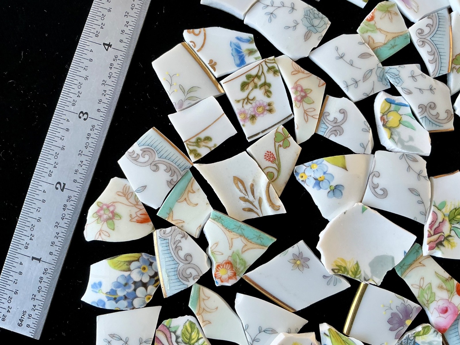 Broken China Mosaic Tiles Multicolored Pastel Florals Blue Trim 90+ Pieces SetN