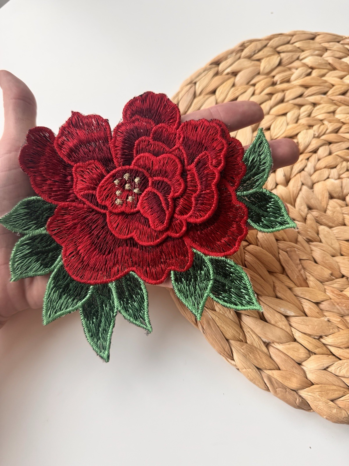 3D Red and Green Applique (1 Piece), Big Rose Glue on Patch Embroidered 6” X 5”