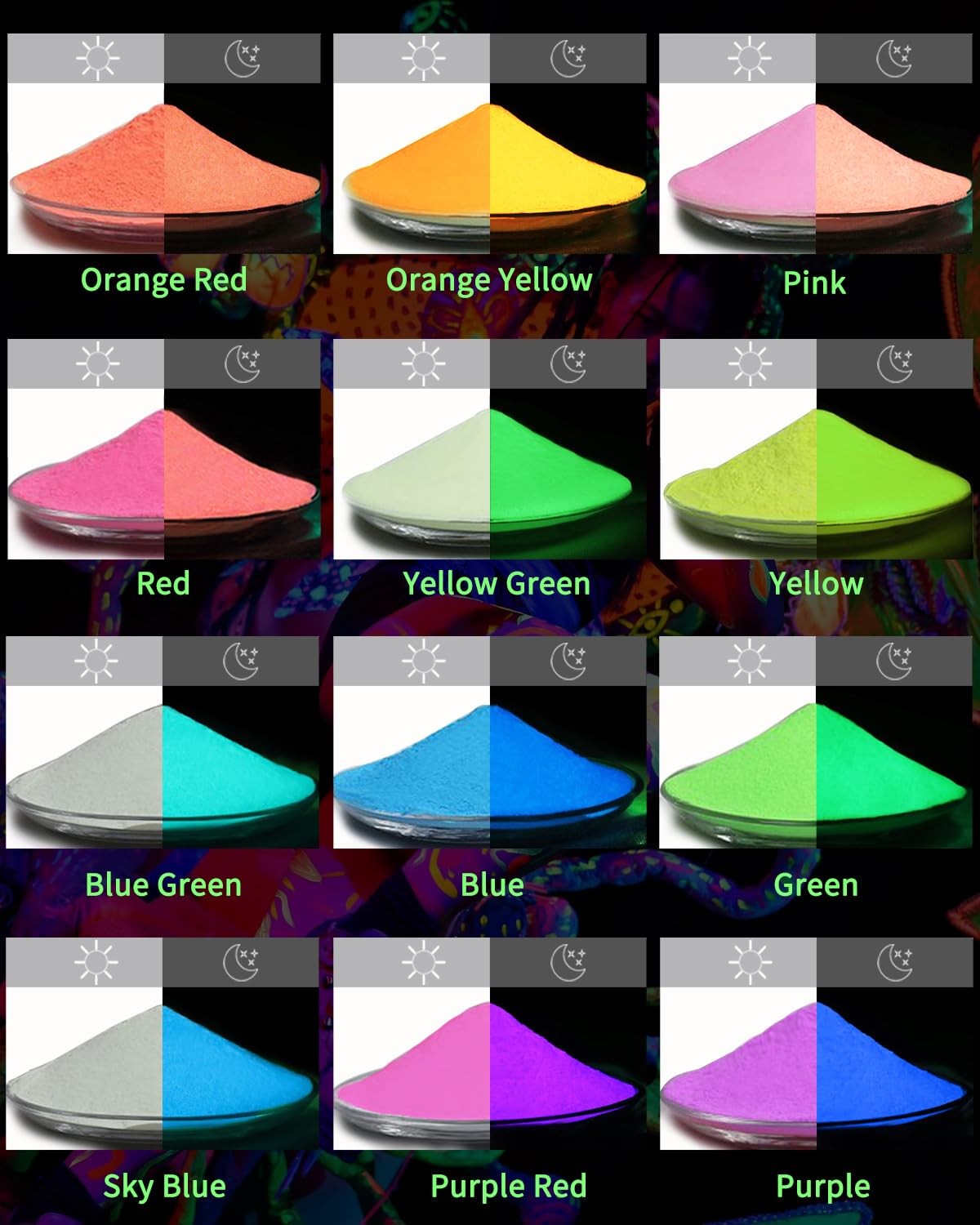 Luckymica Glow in The Dark Pigment Powder 12 Colors Mica Powder, 12
