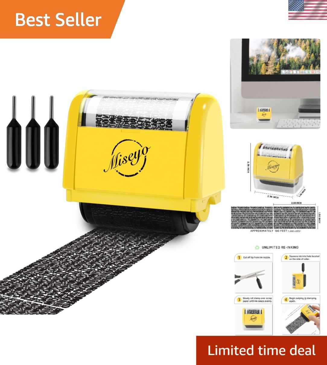 Miseyo Wide Identity Theft Protection Roller Stamp Set – 3 Refill Inks Included