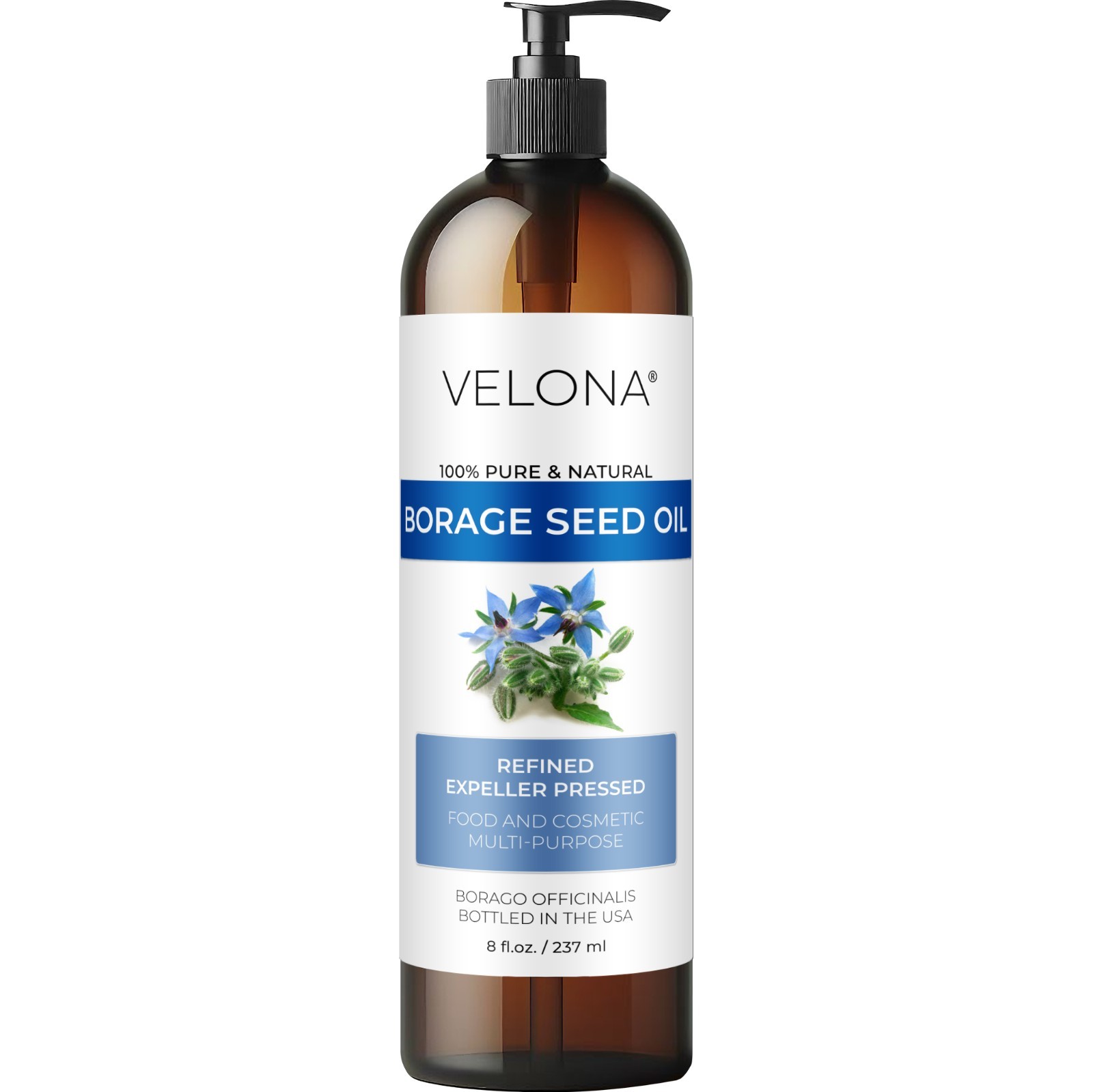 Borage Seed Oil by Velona – 2 Fl Oz – 1 Gal Refined, Expeller pressed, Skin care
