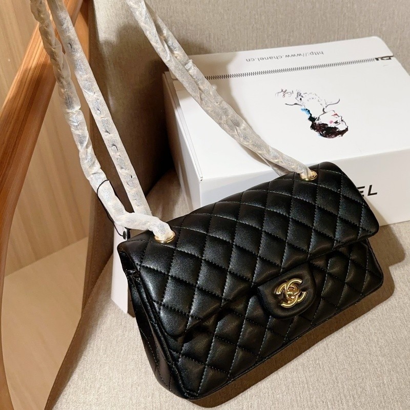 Classic Flap CF Leather Pattern Shoulder Bag with Stripes – Black Small Size