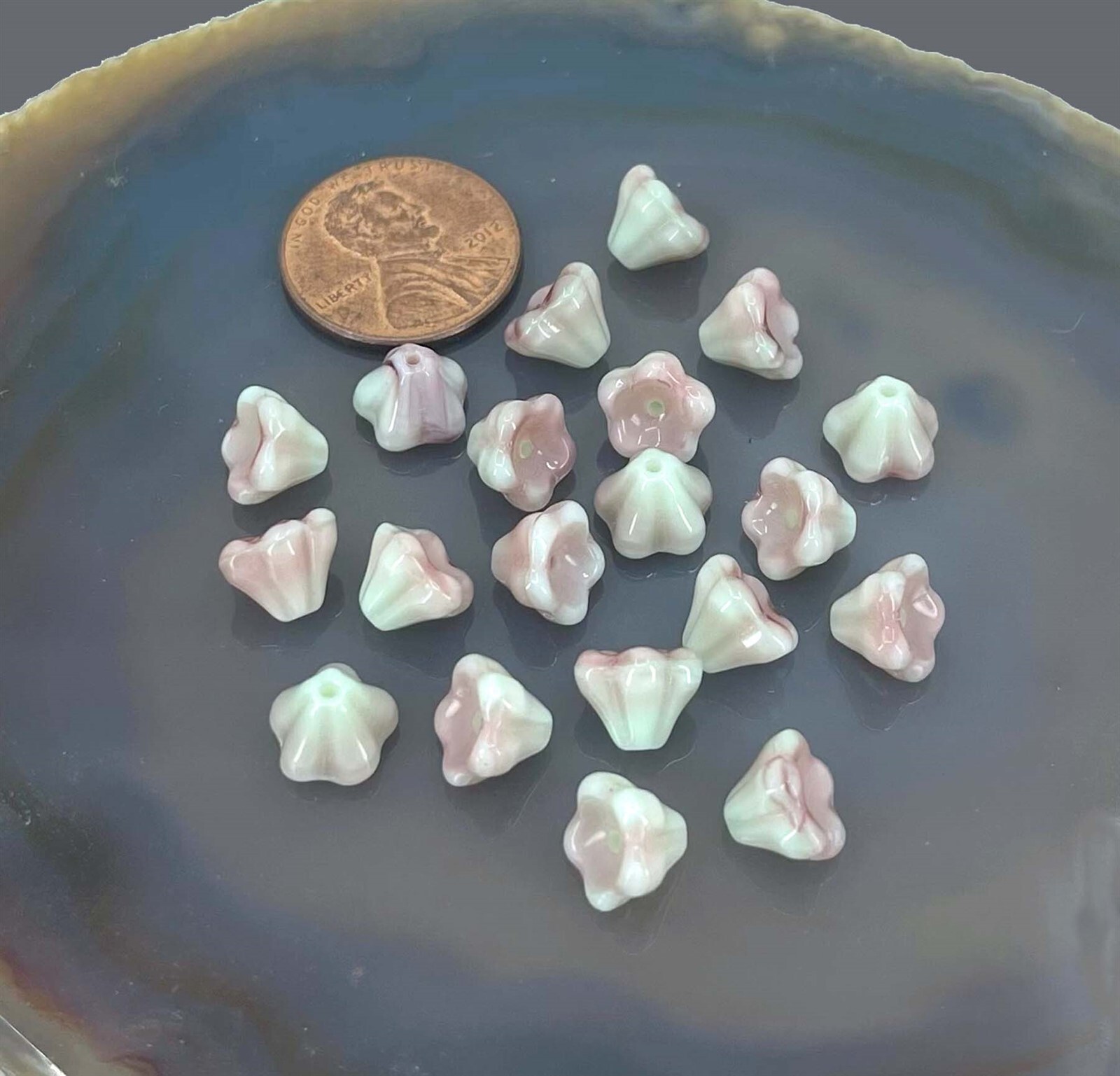 20 Czech Glass Baby Bell Flower Beads – Pistachio / Raspberry Swirl 8x6mm