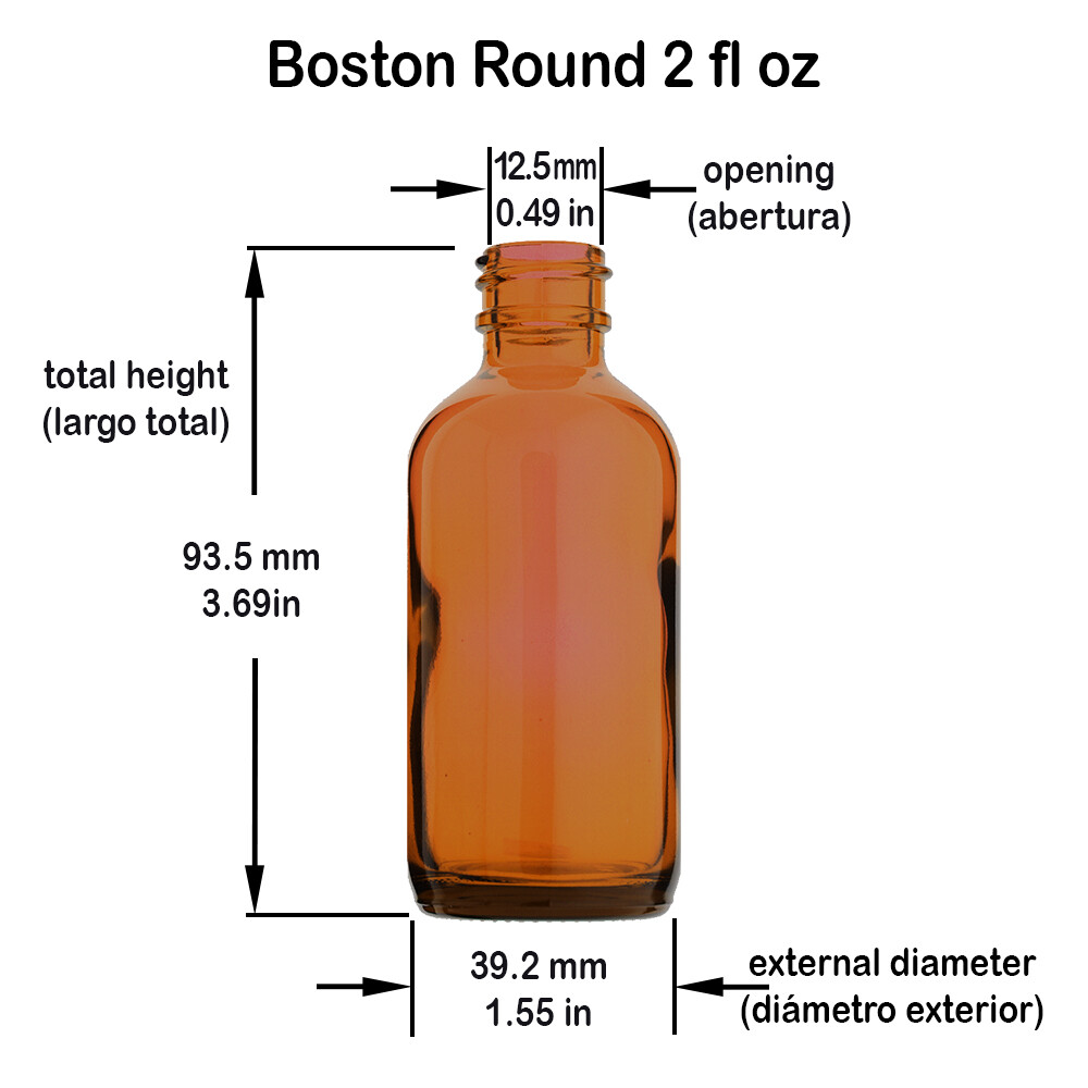 2 OZ 60 ML AMBER BOSTON ROUND GLASS BOTTLES WITH CONED CAPS 12 24 72 144 288