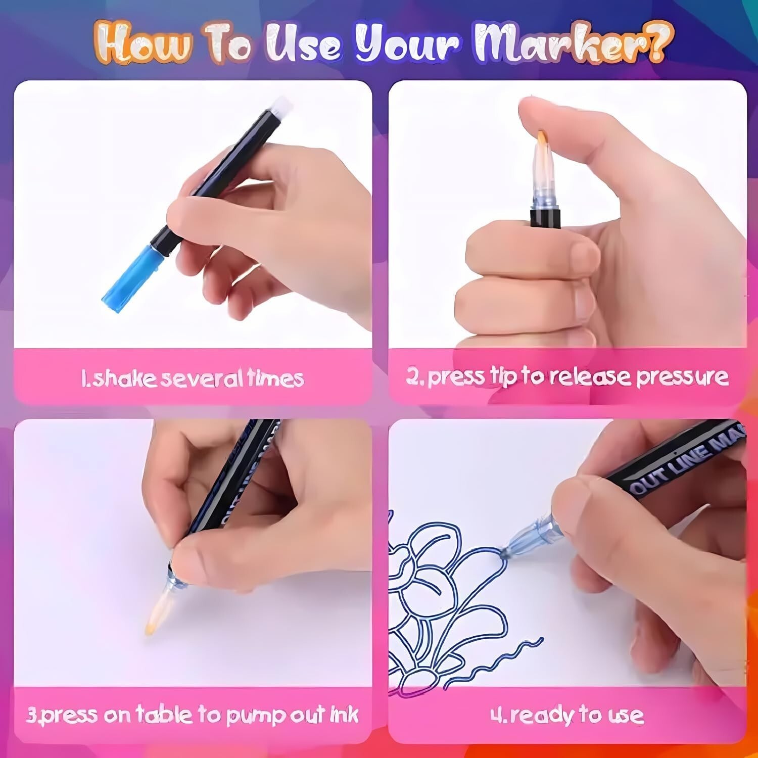 Super Sparkle Markers Double Line Outline Pens, 12 Colors Self Outline Metallic