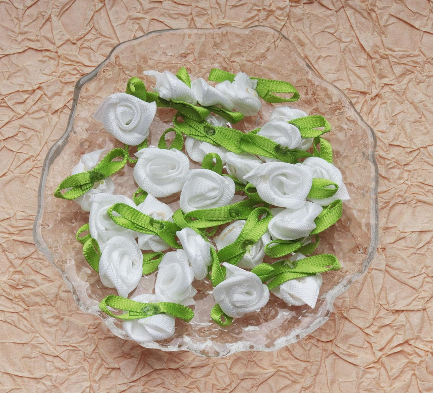 50 Pcs Satin Roses with Green Leaves Mini Cute Ribbon Bows Fabric Artificial Flo