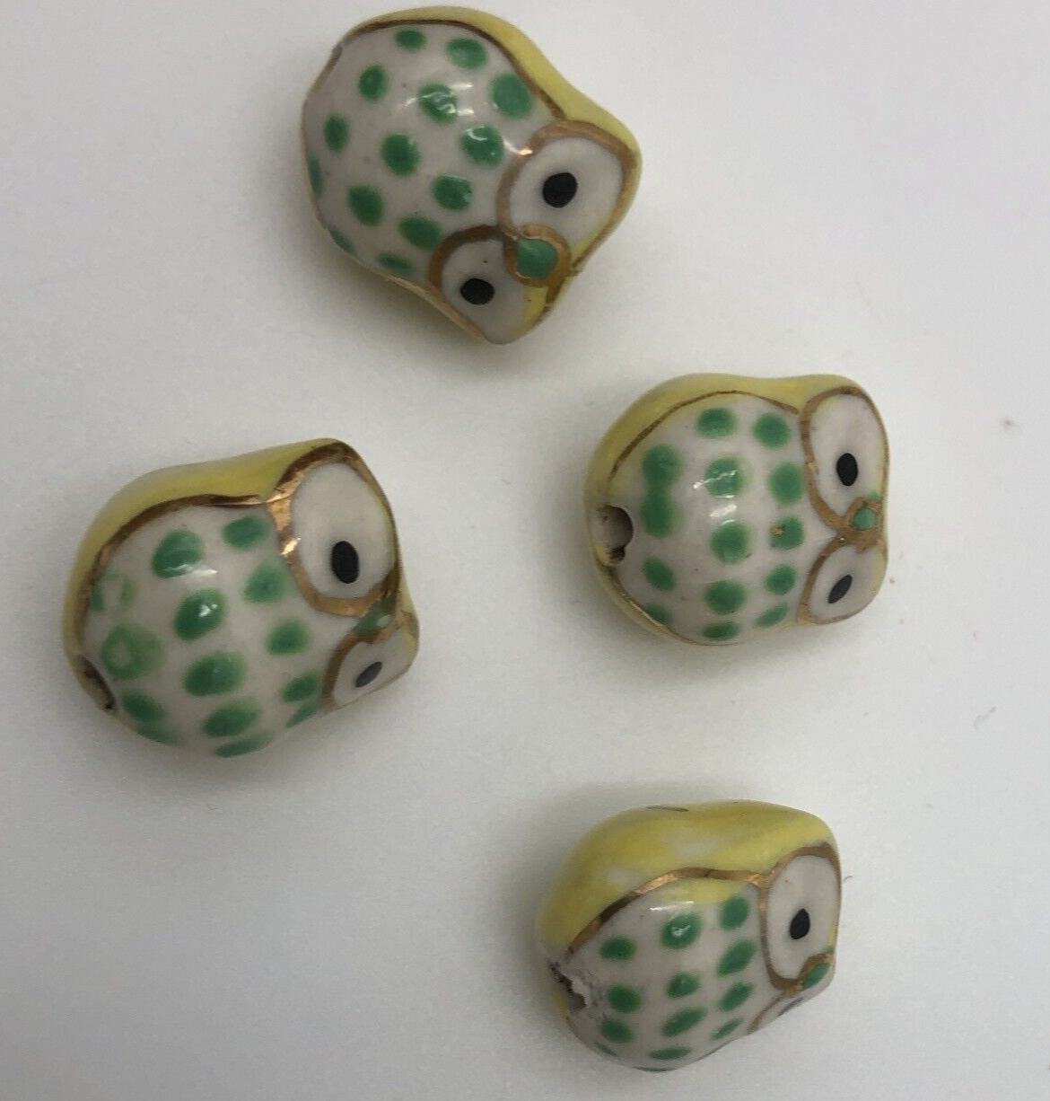4 Glazed Owl Beads For Jewelry & Craft Making, 1/2″+ Yellow, White, Green, Gold